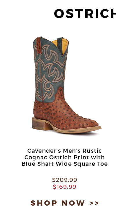 Shop Cavender's Men's Rustic Cognac Ostrich Print with Blue Shaft Wide Square Toe Boots